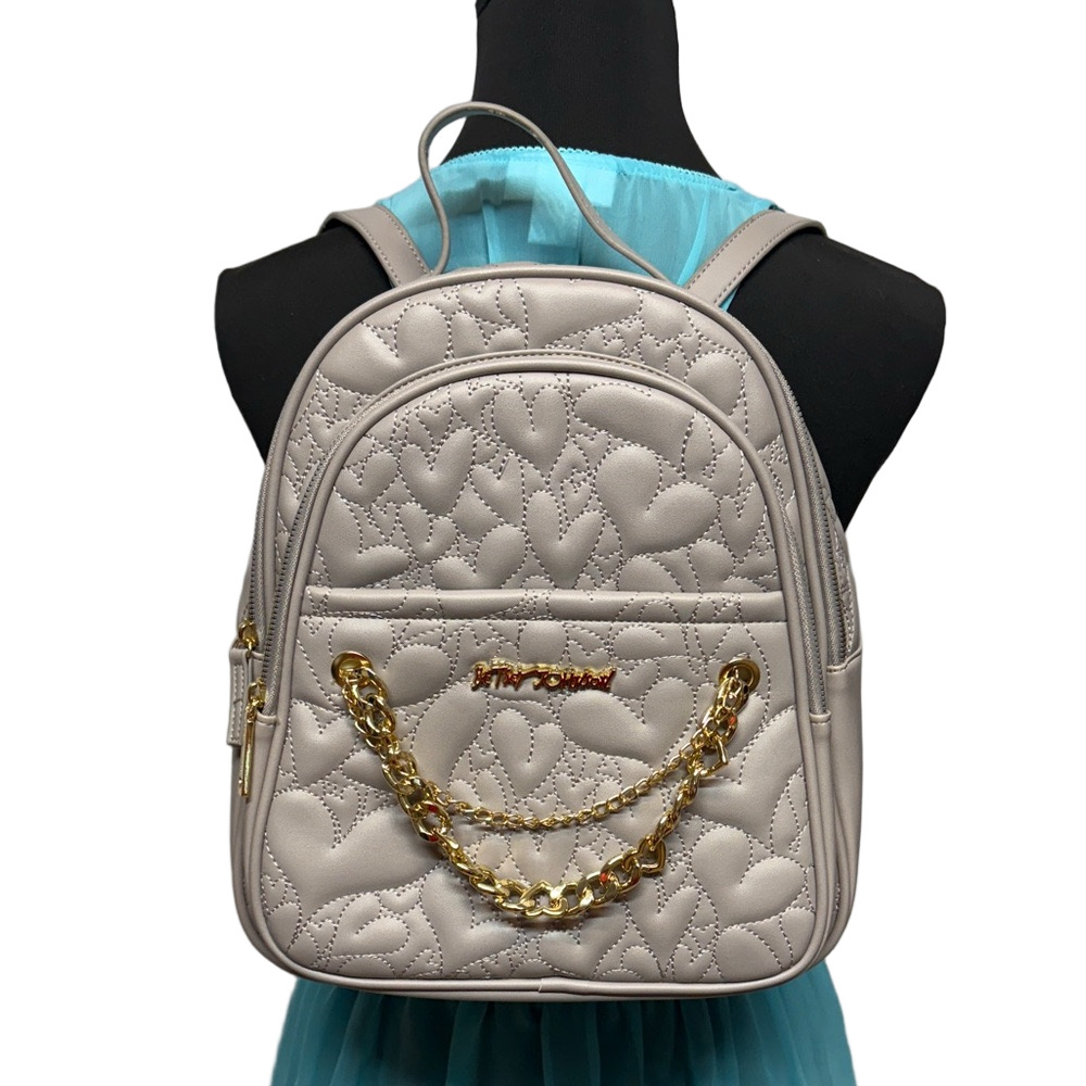 Betsey Johnson Beige Quilted Backpack Heart Stitch Chain Strap Bag